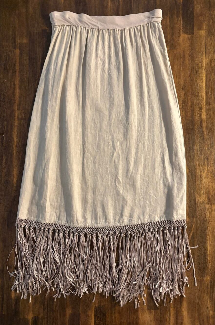 Chico’s Size 1 / US Large Midi Skirt 100% Linen with Fringe Pull On Waist